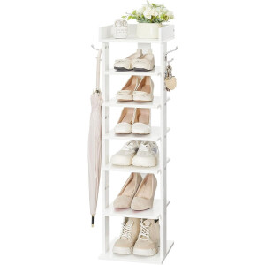 Schoenenrek, verticaal schoenenrek, 7-laags schoenenkast, smalle schoenenstandaard met omheining en haken, ruimtebesparend, voor hal, woonkamer, slaapkamer, wit