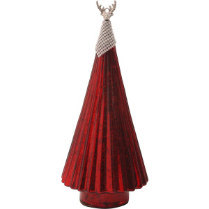 PTMD Kerst glazen kerstboom rood met hert in top - Christmas marcia red glass tree statue deer top s