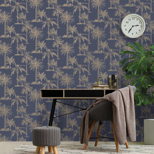 DUTCH WALLCOVERINGS Behang Tropical Trees marineblauw en zilverkleurig