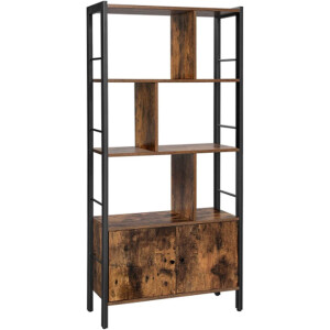 CGPN boekenkast, boekenkast met 4 open legplanken, staande boekenkast, ruime woonkamerkast, keuken, kantoor, stalen frame, industrieel ontwerp, vintage bruin-zwart LBC022B01