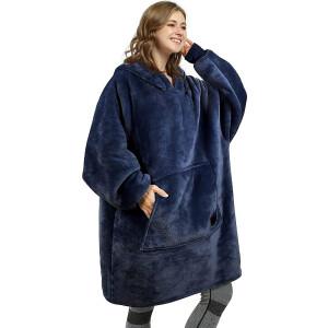 VOXO Hoodie Deken - Zachte Fleece Deken met Mouwen - Sherpa Plaid voor op de Bank - 1450 Gram - Marine Blauw