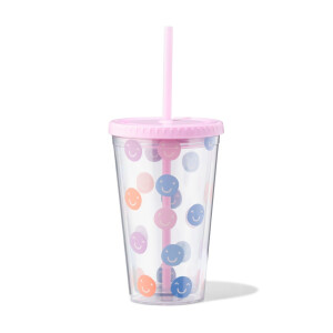 HEMA HEMA Drinkbeker Met Rietje 450ml Gezichtjes