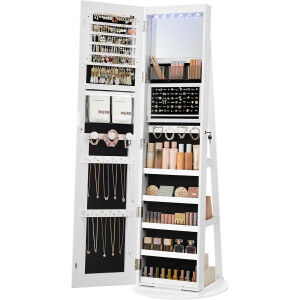 SONGMICS Sieradenkast met LED-verlichting en spiegel, Spiegelkast, Afsluitbaar, Spiegel met lijst, Verstelbare helderheid, Ruimtebesparend, Cadeau-idee, Kerstmis, Wolkenwit JJC008W03 [Energieklasse F]