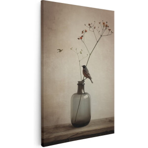 Artaza Canvas Schilderij Vogel op een Vaas met Bloemen - Dieren - 20x30 cm - Klein - Wanddecoratie Woonkamer - Schilderijen - Muurdecoratie