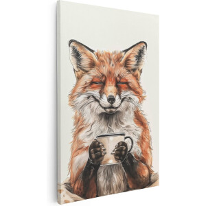 Artaza Canvas Schilderij Vos Houdt een Kopje Koffie Vast - 80x120 - Groot - Foto Op Canvas - Canvas Print