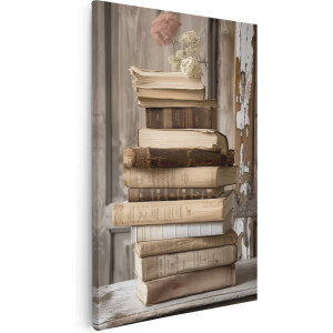 Artaza Canvas Schilderij Stilleven - 60x90 cm - Wanddecoratie Vintage Boeken - Muurdecoratie Woonkamer - Decoratie Droogbloemen