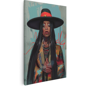 Artaza Canvas Schilderij Vrouw met Lang Haar en een Hoed - 80x120 cm - Groot - Wanddecoratie Woonkamer - Schilderijen - Muurdecoratie