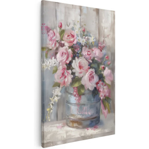 Artaza Canvas Schilderij Kunstwerk van Roze Rozen in een Emmer - 60x90 - Muurdecoratie - Foto Op Canvas - Canvas Print