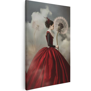 Artaza Canvas Schilderij Vrouw in een Rode Jurk met Paardebloem - Bloemen - 40x60 cm - Wanddecoratie Woonkamer - Schilderijen - Muurdecoratie