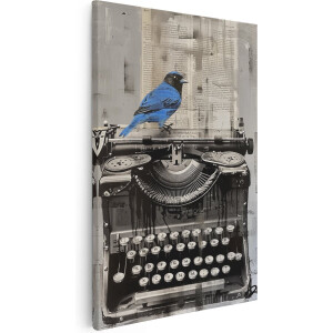 Artaza Canvas Schilderij Blauwe Vogel op een Oude Typemachine - Dieren - 40x60 cm - Wanddecoratie Woonkamer - Schilderijen - Muurdecoratie