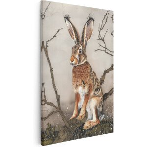 Artaza Canvas Schilderij Haas op een Tak - Dieren - 20x30 cm - Klein - Wanddecoratie Woonkamer - Schilderijen - Muurdecoratie