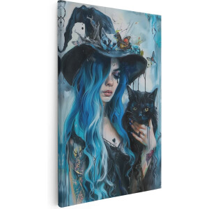 Artaza Canvas Schilderij Vrouw met Blauw Haar en een Zwarte Kat - Dieren - 80x120 cm - Groot - Wanddecoratie Woonkamer - Schilderijen - Muurdecoratie