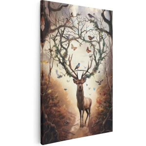 Artaza Canvas Schilderij Herten en Vogels in een Bos - Dieren - 20x30 cm - Klein - Wanddecoratie Woonkamer - Schilderijen - Muurdecoratie