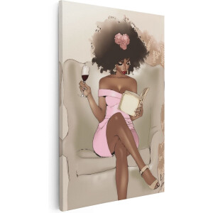 Artaza Canvas Schilderij Zwarte Vrouw die een Boek Leest en Wijn Drinkt - 40x60 cm - Wanddecoratie Woonkamer - Schilderijen - Muurdecoratie