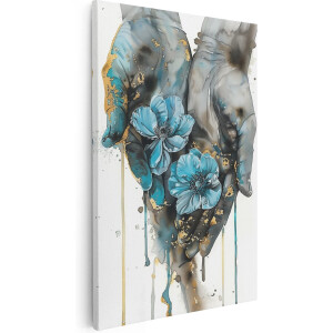 Artaza Canvas Schilderij Twee Handen met Blauwe Bloemen - Bloemen - 60x90 cm - Wanddecoratie Woonkamer - Schilderijen - Muurdecoratie