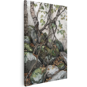 Artaza Canvas Schilderij Berkenbomen met Rotsen in het Bos - 40x60 cm - Wanddecoratie Woonkamer - Schilderijen - Muurdecoratie