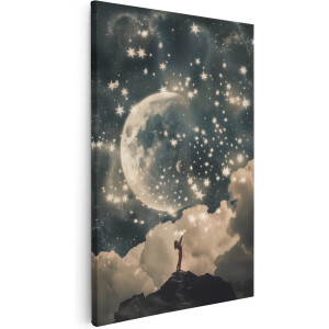 Artaza Canvas Schilderij Meisje Kijkt Omhoog naar de Maan en Sterren - 60x90 cm - Wanddecoratie Woonkamer - Schilderijen - Muurdecoratie
