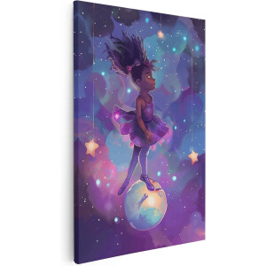 Artaza Canvas Schilderij Meisje in een Paarse Jurk Staat Bovenop een Maan - 80x120 - Groot - Foto Op Canvas - Canvas Print