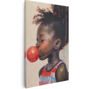 Artaza Canvas Schilderij Meisje Blaast Kauwgom - 80x120 cm - Groot - Wanddecoratie Woonkamer - Schilderijen - Muurdecoratie