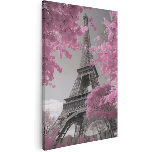 Artaza Canvas Schilderij Roze Bomen bij de Eiffeltoren - Parijs - 60x90 cm - Wanddecoratie Woonkamer - Schilderijen - Muurdecoratie