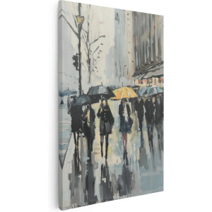 Artaza Canvas Schilderij Mensen met Paraplu's in de Regen - 80x120 cm - Groot - Wanddecoratie Woonkamer - Schilderijen - Muurdecoratie