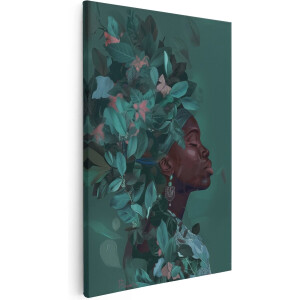Artaza Canvas Schilderij Vrouw met Bladeren in haar Haar - 60x90 cm - Wanddecoratie Woonkamer - Schilderijen - Muurdecoratie