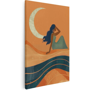 Artaza Canvas Schilderij Vrouw op het Zand met een Halve Maan - 60x90 cm - Wanddecoratie Woonkamer - Schilderijen - Muurdecoratie