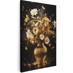 Artaza Canvas Schilderij Bloemen Vaas - 40x60 cm - Wanddecoratie Stilleven - Muurdecoratie Goud - Schilderijen Op Canvas