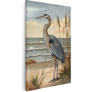 Artaza Canvas Schilderij Blauwe Reiger Staande op het Strand - 60x90 - Muurdecoratie - Foto Op Canvas - Canvas Print
