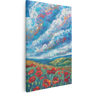 Artaza Canvas Schilderij Rode Klaprozen onder een Bewolkte Hemel - Bloemen - 80x120 cm - Groot - Wanddecoratie Woonkamer - Schilderijen - Muurdecoratie