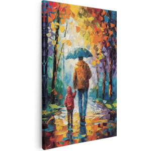 Artaza Canvas Schilderij Man en Kind in de Regen met een Paraplu - 20x30 cm - Klein - Wanddecoratie Woonkamer - Schilderijen - Muurdecoratie