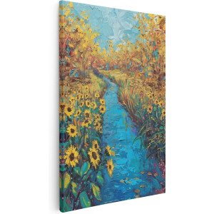 Artaza Canvas Schilderij Olieverfschilderij van een Beekje en Zonnebloemen - 20x30 - Klein - Foto Op Canvas - Canvas Print