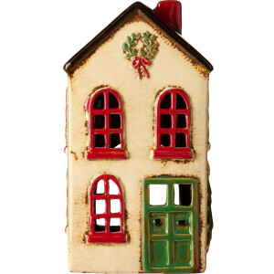 Ib Laursen - Keramieken huisje / kersthuisje - Wit met groene deur en kerstkrans - waxinelichthouder