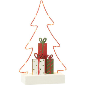 J-Line decoratie kerstboom + cadeau's - hout/kunststof - rood/groen - small - LED lichtjes