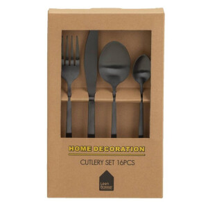Leen Bakker - Bestekset - 16-delig - RVS - 4-persoons - Metaal - Zwart - 14x24x6.5 Cm