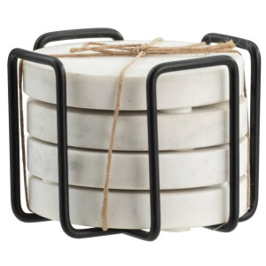 Leen Bakker - Onderzetters - Set Van 4 - Ø11 Cm - Met Houder - Marmer - Wit - B13 Cm