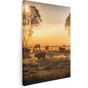 Artaza Canvas Schilderij Koeien - 60x80 cm - Wanddecoratie Zonsondergang - Muurdecoratie Boom - Schilderijen Op Canvas Natuur