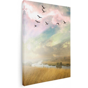 Artaza Canvas Schilderij Groep Vogels Vliegen Boven Het Gras - 30x40 - Klein - Foto Op Canvas - Canvas Print