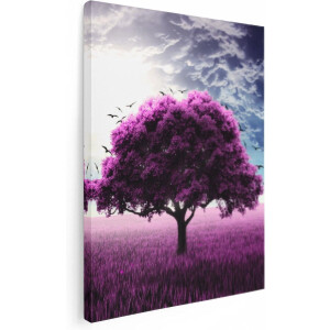 Artaza Canvas Schilderij Paarse Boom In Het Paars Veld Met Vogels - 30x40 - Klein - Foto Op Canvas - Canvas Print