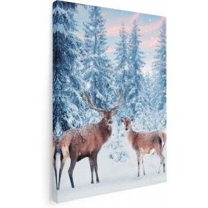 Artaza Canvas Schilderij Twee Herten In Het Bos Met Sneeuw - 60x80 cm - Wanddecoratie Woonkamer - Schilderijen - Muurdecoratie