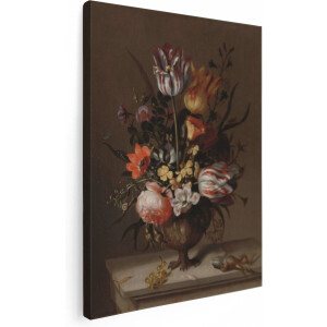 Artaza Canvas Schilderij Stilleven met Bloemenvaas en Kikvors - Jacob Marrel - 60x80 - Kunst - Canvas Print - Muurdecoratie