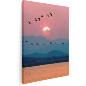 Artaza Canvas Schilderij Vogels - 60x80 cm - Wanddecoratie Zonsondergang - Muurdecoratie Vogels - Schilderijen Op Canvas Bergen