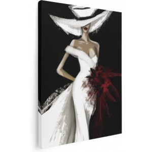Artaza Canvas Schilderij Vrouw in een Witte Jurk met een Hoed - 30x40 cm - Klein - Wanddecoratie Woonkamer - Schilderijen - Muurdecoratie