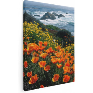 Artaza Canvas Schilderij Oranje Klaprozen op een Klif met Uitzicht op de Oceaan - 30x40 cm - Klein - Wanddecoratie Woonkamer - Schilderijen - Muurdecoratie
