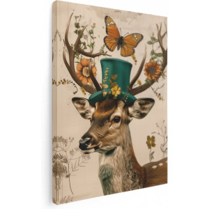 Artaza Canvas Schilderij Herten met Hoge Hoed en Vlinders - 30x40 cm - Klein - Wanddecoratie Woonkamer - Schilderijen - Muurdecoratie