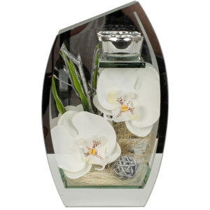 Glazen decoratie met witte orchideeën en theelichtje