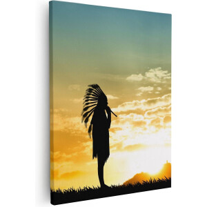 Artaza - Canvas Schilderij - Twee Silhouetten van Indianen bij Zonsondergang - 40x50 - Foto Op Canvas - Canvas Print