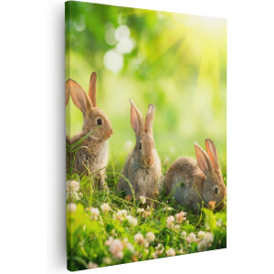 Artaza - Canvas Schilderij - Drie Konijnen Op Het Gras Bij Zonneschijn - 40x50 - Foto Op Canvas - Canvas Print