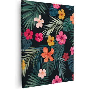 Artaza Canvas Schilderij Tropische Bloemen - 80x100 cm - Groot - Wanddecoratie Botanisch - Muurdecoratie Bladeren - Schilderijen Op Canvas