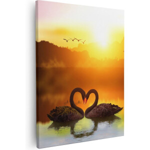 Artaza Canvas Schilderij Zonsondergang Zee - 40x50 cm - Wanddecoratie Palmboom - Muurdecoratie Zwanen - Schilderijen Op Canvas Strand